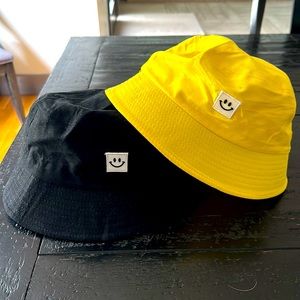 Two Cotton Bucket Hats, Yellow & Black with Smiley Face Patch